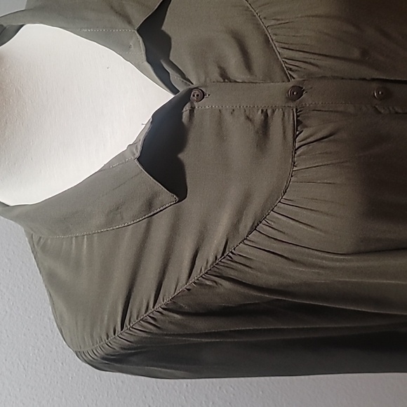 FREE PEOPLE Large Olive Green Button Down Bat Wing Bohemian Hippie Rayon Blouse - Picture 11 of 16